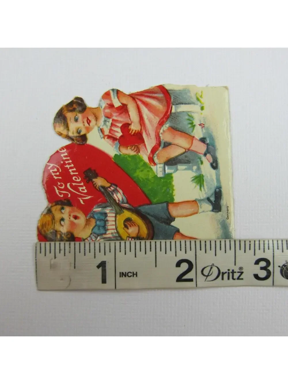 Vintage Valentine Die cut Boy Plays Mandolin for Girl Pink Dress Red Hearts